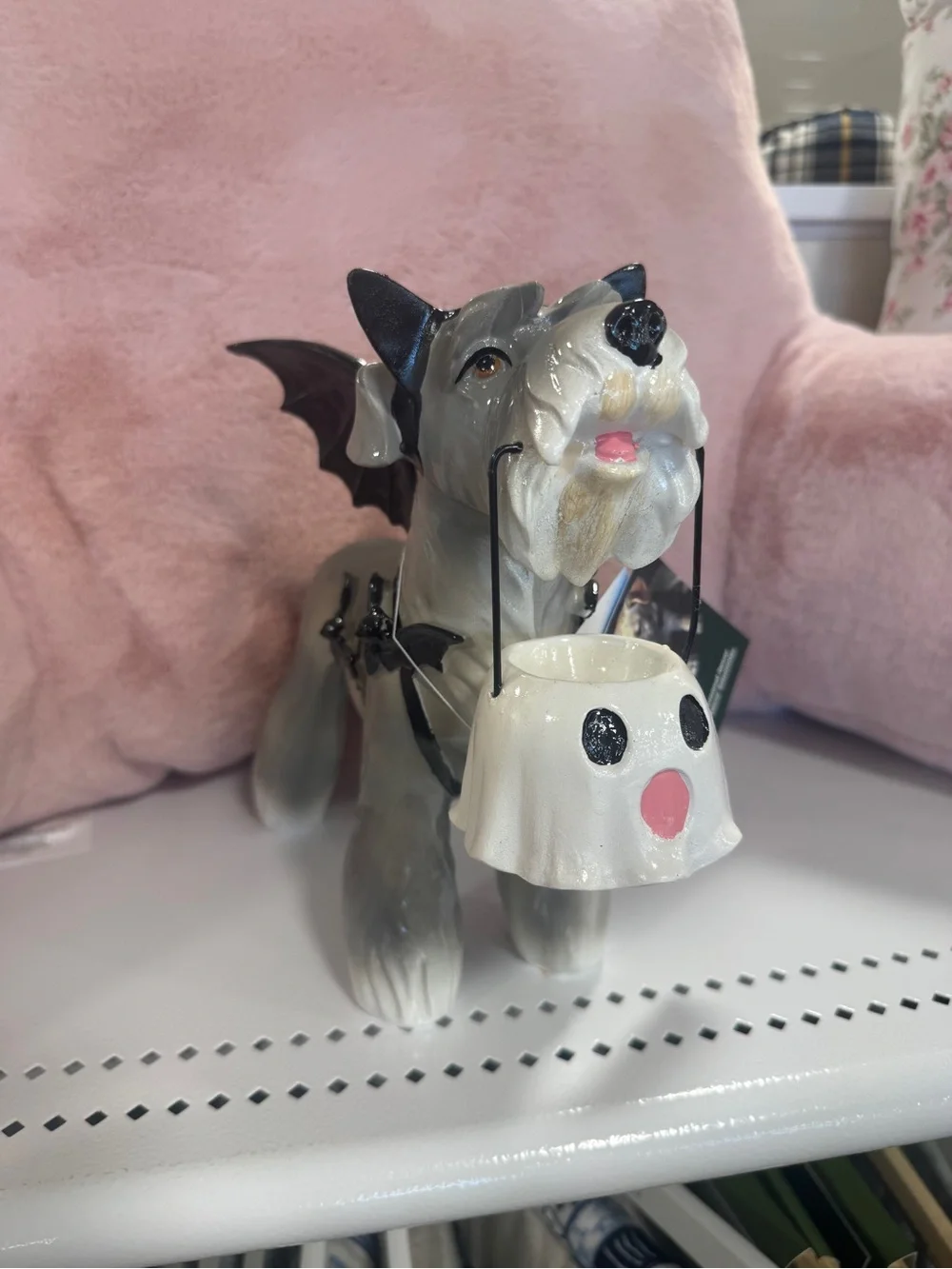 Halloween Schnauzer Dog Holding Ghost Bucket in Bat Custom Decor Figure